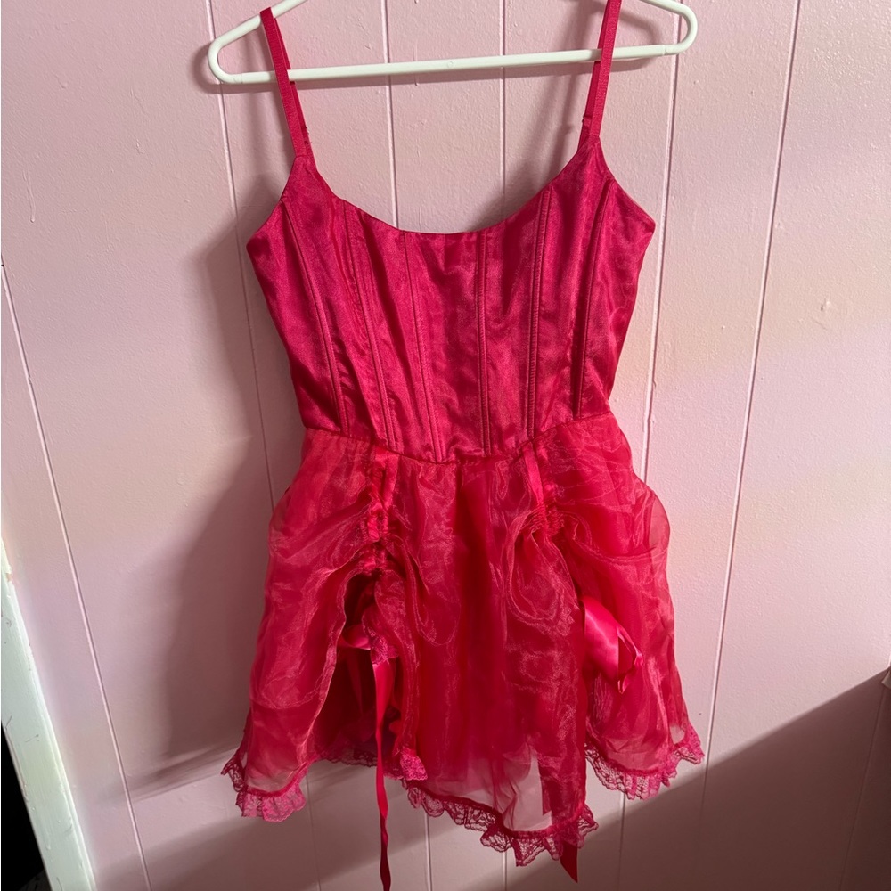 sugar thrillz hot pink corset front ruched dress